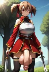 1futa ai_generated anime armor ayano_keiko balls balls_under_clothes bare_shoulders belt big_balls big_breasts big_penis big_testicles blue_sky bottomless_skirt breastplate brown_hair civitai closed_mouth clothed day flaccid futa_only futanari grass hair_between_eyes hair_ribbon holding holding_object holding_sword holding_weapon huge_breasts huge_bulge indoors long_sleeves looking_at_viewer mizuiro01 outdoors penis penis_out penis_under_clothes penis_under_skirt red_eyes ribbon short_hair short_twintails silica skirt smile smiling solo solo_futa sword sword_art_online testicles tree twintails