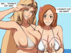 2girls beach bikini bleach blonde_hair castell fat_breasts huge_breasts inoue_orihime large_breasts matsumoto_rangiku multiple_girls orange_hair selfie