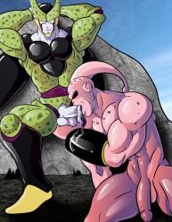 balls blowjob boner cell_(dragon_ball) cum cum_in_mouth dragon_ball dragon_ball_z erection flaccid gay gene_lightfoot hands_behind_head majin majin_buu male male_only nude oral penis perfect_cell pink_body pink_skin sitting spread_legs super_buu