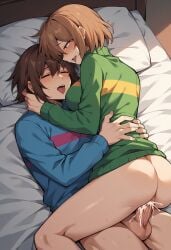 1boy 1girls ai ai_generated arm_around_partner arm_around_waist artificial_intelligence breasts brown_hair chara closed_eyes clothed clothed_sex cum cum_in_pussy cum_inside cute female frisk hands_on_another's_hip hands_on_another's_shoulder huge_breasts leaking_cum looking_at_partner lying_on_bed lying_on_person lying_on_stomach male male_penetrating_female moaning pleasured_face romantic romantic_couple tongue_out undertale vaginal_penetration wholesome