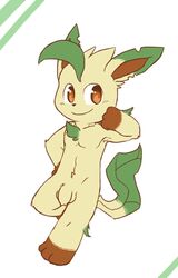 2014 3_toes anthro balls eeveelution foreskin fur leafeon male male_only nintendo oob orange_eyes penis pokémon pokémon_(species) pokemorph smile solo toes uncut