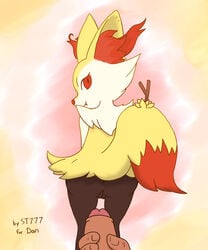 2014 anthro anus back bipedal braixen canine duo erection female feral fox fur holding_penis human inner_ear_fluff interspecies looking_at_viewer looking_back male mammal nintendo nude penis pokémon_(species) pokemon pokemon_(species) presenting pussy raised_tail red_eyes sexytoons777 smile standing stick teeth video_games