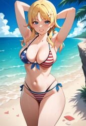 ai_generated american_flag_bikini beach big_breasts blonde_hair blue_eyes bombacopta flag_bikini hachimiya_meguru idolmaster idolmaster_shiny_colors smile