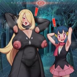 2girls armpits big_breasts blonde_hair blue_hair breasts cynthia_(pokemon) dawn_(pokemon) ebifurai female huge_breasts multiple_girls nipples pokemon torn_clothes