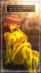 big_breasts breasts deltarune dialogue_box english english_text freddyyt200 human kris_(deltarune) kris_female_(deltarune) lactation naked nude tagme text text_box yellow_skin