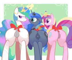 2014 anus ass blue_fur blush bow braddo cutie_mark equine female feral friendship_is_magic fur group hair hi_res horn long_hair looking_back magic mammal multicolored_hair my_little_pony pink_fur presenting presenting_hindquarters princess_cadance_(mlp) princess_celestia_(mlp) princess_luna_(mlp) purple_eyes pussy rear_view smile unicorn white_fur yuri