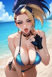 ai_generated akali beach bending_forward big_breasts blowjob_gesture blue_bikini blue_eyes bombacopta earrings fellatio_gesture fingerless_gloves k/da_all_out_akali k/da_all_out_series k/da_series league_of_legends makeup multicolored_hair