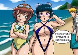 1boy 2girls beach beyblade beyblade_metal_fusion big_breasts blush breasts brown_hair chinese_girl curious flat_chest frown hair_buns jealous jealous_female madoka_amano mei_mei_(beyblade) meme metal_fight_beyblade one_piece_swimsuit oni_senpai oni_senpai_art purple_eyes skinny_girl swimsuit swimwear teal_hair thick_girl thick_thighs