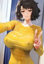 ai_generated big_breasts bottomless brown_hair covered_nipples erect_nipples erect_nipples_under_clothes large_breasts lungart nipple_bulge nipples nipples_visible_through_clothing peace_sign persona persona_5 sadayo_kawakami selfie short_hair skin_tight tight_clothing tight_shirt