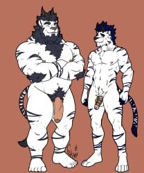 anthro blush chastity_cage chastity_device domestic_cat dominant_in_chastity duo embarrassed felid feline felis flaccid furry genitals hi_res horn hunterramirez male male/male mammal pantherine penis smile standing stripes tiger