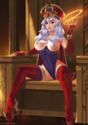 1girls big_breasts blizzard_entertainment high_heels human human_(world_of_warcraft) light-skinned_female light_skin platform_heels sally_whitemane tattiart thighhighs throne warcraft white_hair world_of_warcraft