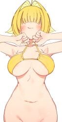 1girls :q ahoge areola_slip bikini bikini_lift bikini_top bikini_top_only blonde_hair blush bottomless breasts elegg_(nikke) female female_only goddess_of_victory:_nikke hair_intakes hair_over_eyes large_breasts long_bangs multicolored_hair navel no_panties rasusurasu short_hair simple_background solo swimsuit tongue tongue_out two-tone_hair underboob white_background yellow_bikini