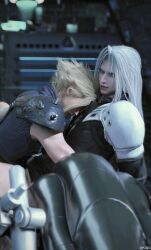 2boys 3d anal anal_sex bicycle bike blonde_hair blurry_background bottomless clothed cloud_strife femboy final_fantasy final_fantasy_vii final_fantasy_vii_remake gay gay_sex gloves head_on_chest light-skinned_male long_hair male male/male male_only motorcycle pauldrons pzoiii sephiroth sex silver_hair spiky_hair square_enix tagme yaoi