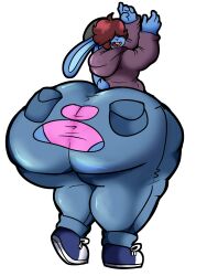 1boy anthro anthro_only beanie big_ass blue_fur brown_hair embarrassed eyes_covered femboy gigantic_ass gress_(retrogress) huge_ass hyper_ass looking_at_viewer looking_back male_only pink_underwear purple_hoodie rabbit ripped_clothing ripped_pants shoes standing wide_hips wonspunk_(artist)