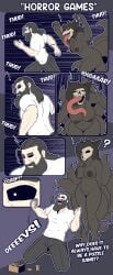 2024 absurd_res anthro beard black_body black_hair bone canid clothed clothing comic duo english_text facial_hair female genitals grey_hair hair hi_res human humor kneeling long_tongue male mammal multi_tail navel nipples nude onomatopoeia pussy puzzle question_mark running scp-1471 scp_foundation simple_background skull sound_effects tail text the_man the_man_(character) tongue toy