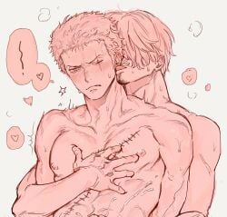 2boys blush cum cum_on_body ear_licking earrings facial_scar gay goatee hair_over_one_eye hand_on_another's_chest implied_sex licking licking_ear male male_only monochrome no_visible_genitalia nude one_eye_closed one_piece pink_theme post-timeskip roronoa_zoro scar scar_across_eye sweat toned toned_male upper_body vinsmoke_sanji yaoi yayarunaway