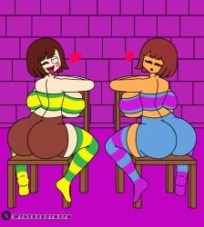 big_ass big_breasts brown_skin chair chara chara_(undertale) frisk_(undertale) long_socks nsfw_un posing short_clothes sitting therobotnsfw thick_thighs thighs two_girls undertale white_skin