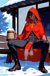 1futa ai_generated balls belt black boots breasts cloak coffee crotchless cup dark-skinned_futanari dark_skin eyes footwear futa_only futanari gold_eyes half-erect hood hooded hooded_cloak hoodie huge_balls jacket large_breasts large_penis leaking_precum long_penis looking_at_viewer mug pants penis penis_out precum precum_drip sagging_balls saggy_balls semi-erect sitting solo steam testicles viewerpenis water yellow