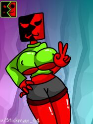 black_eyes black_skin cave_background cube_123_(geometry_dash) female geometry_dash gray_pants green_shirt red_eyes red_skin rule_63 stickman44