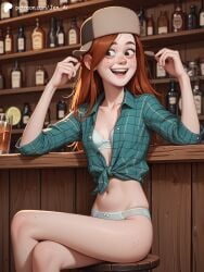 ai_generated bar drink freckles freckles_on_face gravity_falls hat jen_ai orange_hair red_hair shirt sitting sitting_on_chair smile solo solo_female source teenager teeth wendy wendy_corduroy