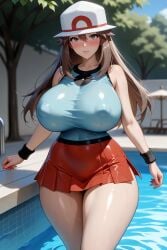 adult_female ai_generated big_breasts big_butt female hat leaf leaf_(pokemon) nintendo pokemon pose round_ass sexy skirt sleeveless_shirt stretching swimming_pool thick_thighs ul7990