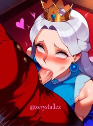 1boy 1girls ai_generated big_breasts blowjob blue_dress crown dress female half_ai oc original original_character queen queen_silvia sex silver_hair wide_hips xcrystallex