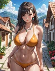 1girls ai_generated big_breasts bikini black_hair brown_eyes fbps35 huge_breasts narrow_waist original shiny_skin sky thick_thighs village wide_hips