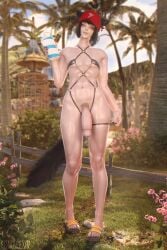 1boy abs absurd_res big_penis bikini black_hair cat_ears cat_tail coel3d femboy final_fantasy_xiv hime_cut holding_cup looking_at_viewer male miqo'te penis pubic_hair red_eyes sandals smile solo square_enix sunset tail tomino_(coel3d)