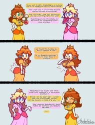 blonde_hair blue_eyes body_swap brown_hair chabble crown dialogue double_cherry dress english_text green_eyes mario_(series) page_1 princess_daisy princess_peach super_mario_3d_world super_mario_bros. text transformation transformation_sequence twinning