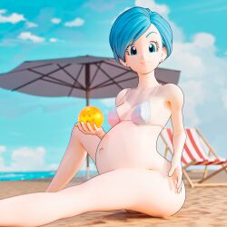 1girls 3d beach belly big_belly big_breasts bikini blue_hair breasts bulma_briefs canon_pregnancy clubzenny dragon_ball dragon_ball_super dragon_ball_z female pregnant solo