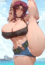 1girls ai_generated big_ass big_breasts big_butt big_nipples big_thighs black_lagoon blush brown_eyes brown_hair denim facing_viewer huge_ass huge_breasts huge_butt huge_nipples huge_thighs looking_at_viewer revy revy_(character) sea ship smile standing standing_on_one_leg standing_split sweat tattoo wanuze