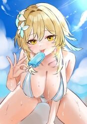 1girls 2024 2d 2d_(artwork) alternate_breast_size alternate_costume big_breasts bikini bikini_bottom bikini_top blonde_hair blue_popsicle bra cleavage clouds day feathers feathers_in_hair female female_focus female_only flowers flowers_in_hair front_view genshin_impact holding_object holding_popsicle hoyoverse huge_breasts ikurumidwd licking_popsicle light-skinned_female light_skin looking_at_viewer low_res lowres lumine_(genshin_impact) mihoyo outdoors popsicle revealing_clothes revealing_swimsuit short_hair sky slim_girl smiling smiling_at_viewer solo solo_female solo_focus suggestive suggestive_look summer sunlight swimsuit thong thong_bikini tongue tongue_out two_piece_swimsuit water wet wet_body white_bikini white_bikini_bottom white_bikini_top white_flower yellow_eyes young younger_female