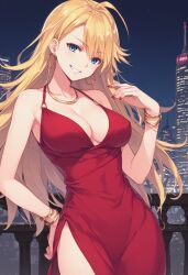 1female 1girls ahoge ai_generated bangs big_breasts blonde_hair blonde_hair_female blue_eyes breasts city_background cityscape commentary_request dress english_commentary female female_only gainax hi_res high_resolution highres long_hair mixed-language_commentary outdoors outside panty_&_stocking_with_garterbelt panty_anarchy red_dress solo solo_female