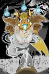 2023 akiko_sparkshift anthro big_breasts blue_tongue bodily_fluids breasts brown_eyes brown_hair cleavage clothed clothing drooling elchuydra female fur generation_1_pokemon ghost glowing grave hair halloween hi_res holidays looking_at_viewer nintendo nipple_outline pokemon pokemon_(species) raichu saliva sharp_teeth solo spirit tan_body tan_fur teeth tombstone tongue tongue_out translucent translucent_clothing translucent_topwear will-o'-the-wisp