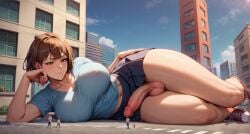 1futa ai_generated balls big_breasts big_penis bob_cut city curvy_body curvy_figure curvy_futa curvy_hips erect_penis erection futa_is_bigger futa_only futa_sans_pussy futadom futanari giant_cock giantess hand_on_hip laying_down laying_on_side penis short_hair size_difference skirt smug sneakers spalela