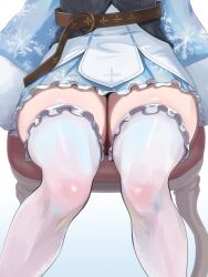 1girls 2d amamochi0716 belt blue_dress chair dress female female_only frilled_legwear frilled_thighhighs hololive hololive_japan legs sitting sitting_on_chair snowflake snowflake_print solo thick_thighs thighhighs thighs virtual_youtuber white_thighhighs yukihana_lamy