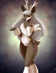 2014 anthro anthrofied antlers blush brown_eyes brown_fur brown_nose cervine eyelashes female fur guinefurrie hair highres horn long_hair mammal navel nintendo pokemon pokemorph pussy sawsbuck solo standing white_fur winter_sawsbuck