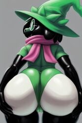 ai_generated ambiguous_gender anthro ass big_butt bodysuit bubble_butt cameltoe cleavage darkner deltarune deltarune_chapter_2 diplive7 furry glasses goat hands_on_ass hands_on_hips looking_at_viewer looking_back ralsei remade remake remastered scarf simple_background tight_clothing wedgie