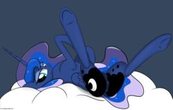 alicorn animal_genitalia anus ardupi ass blue_eyes blue_fur blue_hair crotchboobs cutie_mark equine equine_pussy female feral friendship_is_magic fur hair horn looking_at_viewer lying mammal my_little_pony on_back princess_luna_(mlp) puffy_anus pussy smile solo spread_legs spreading wings