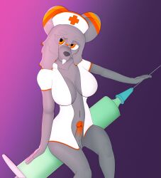 anthro balls bottomless breasts buckteeth chinchilla chinchillid clothed clothing comically_large_object fur genitals glans grey_body grey_fur gusta gusty_(gusta) gynomorph hair hat headgear headwear hi_res intersex mammal nurse_clothing nurse_hat nurse_headwear nurse_uniform orange_eyes orange_glans orange_stripes penis rodent solo stripes syringe teeth uniform