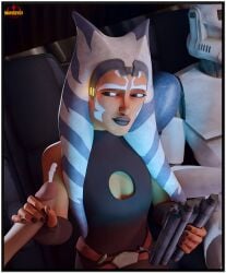1girls 2boys 3d accurate_art_style ahsoka_tano blue_eyes busy clone_trooper clone_wars clothed cum cumshot distracted handjob medium_breasts official_style skinny snafusevsix star_wars stress_relief togruta