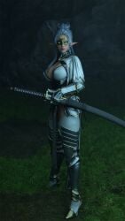 3d 3d_(artwork) akidia big_breasts dark-skinned_female dark_elf dark_elf_blader dark_elf_female dark_skin elf elf_female katana looking_at_viewer original original_character ryanreos standing tagme