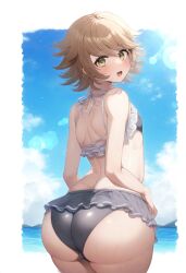 1boy 1femboy ai_generated alternate_ass_size amber_eyes ass beach big_ass bikini brown_hair danganronpa day daytime fujisaki_chihiro head_turned light-skinned light-skinned_femboy light-skinned_male looking_back novelai sea sky solo_femboy solo_male wide_hips