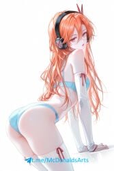 1girl 1girls ai_generated akame_ga_kill! ass blue_bra blue_panties breasts chelsea_(akame_ga_kill!) commentary_request female female_focus female_only headphones hourglass_figure long_hair orange_hair panties red_eyes stockings twintails very_long_hair wet zelanell