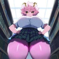 ai_generated arms_on_waist ashido_mina big_breasts jaygoats library looking_down mina_ashido my_hero_academia school_uniform skirt thick_thighs