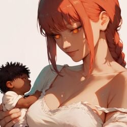 1boy ai_generated baby braid breasts chainsaw_man cleavage dark-skinned_male female female huge_breasts interracial l-major makima_(chainsaw_man) mother mother_and_son red_hair submissive_female time_skip