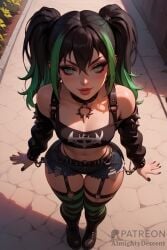 1girls ai_generated almighty_descent bare_shoulders black_hair brat chloe_(almighty_descent) choker collar earrings green_eyes green_hair highres long_hair looking_at_viewer multicolored_hair oc original_character petite punk shorts small_breasts smile solo solo_female solo_focus striped_legwear thick_thighs thigh_strap twintails