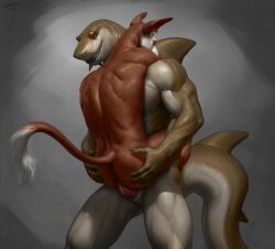 aduran anal anal_sex anthro carrying_another carrying_partner carrying_position chin_piercing eye_piercing fin fish hi_res male male/male marine muscular muscular_male penetration piercing shark