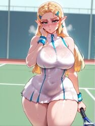 1girls ai_generated bimbo blonde_female blonde_hair breasts difuxer elf_ears female female_only hourglass_figure large_ass large_breasts light-skinned_female light_skin nintendo princess princess_zelda royal royalty solo tennis_court tennis_racket tennis_uniform the_legend_of_zelda the_legend_of_zelda:_breath_of_the_wild thick_thighs thighs wide_hips zelda_(breath_of_the_wild)