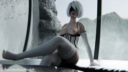 3d blender_(software) blindfold breasts feet female nier nier:_automata twistedraven underwear white_hair yorha_2b